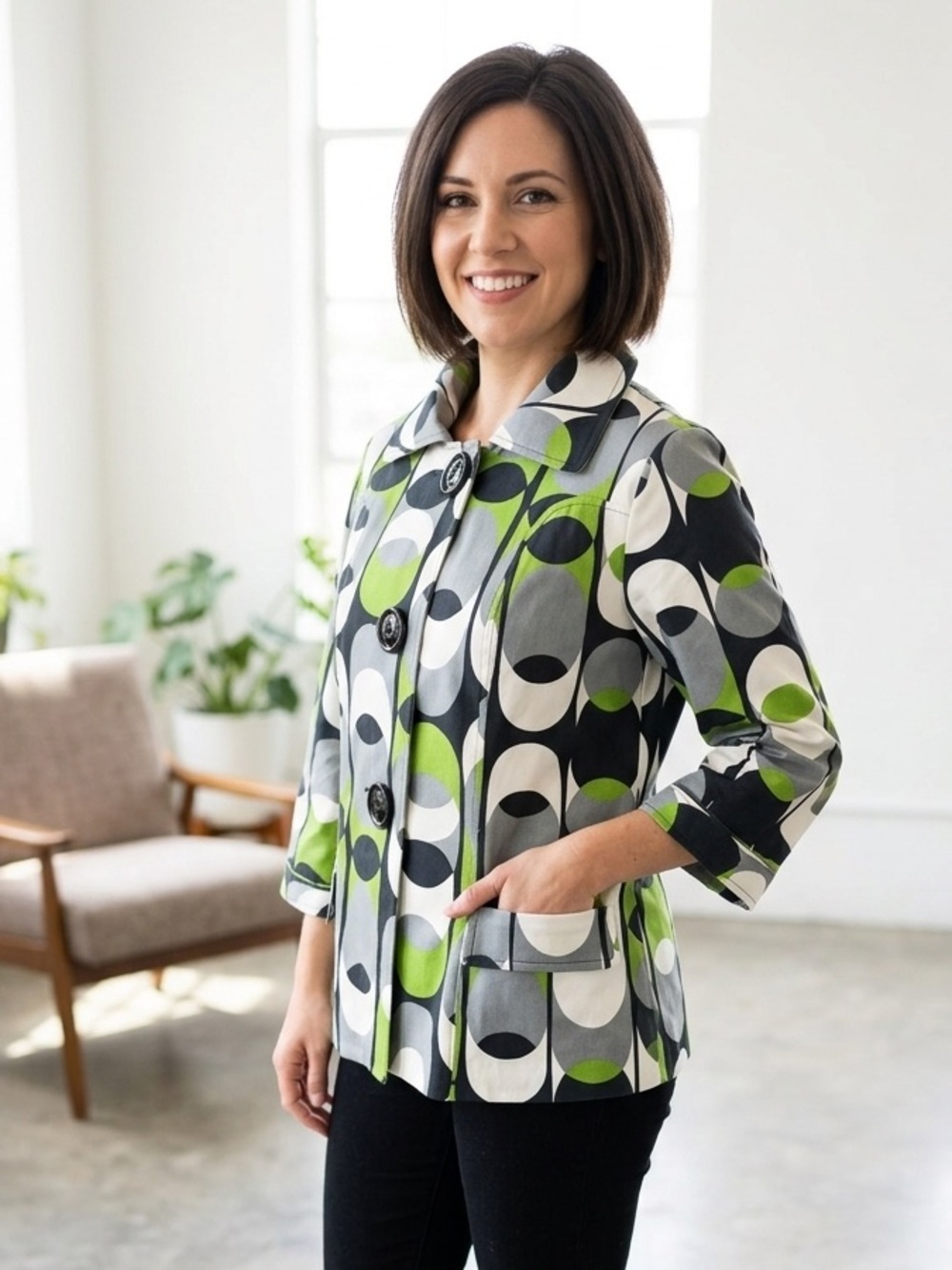 SARA ISABELLA Mod Geometric Jacket 60s 70s Retro Statement Button Front M